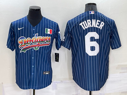 Men's Los Angeles Dodgers #6 Trea Turner Navy Mexico Rainbow Cool Base Stitched Baseball Jersey